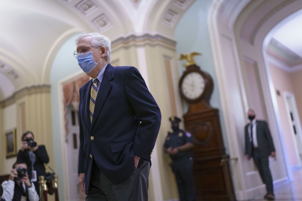 Senate Minority Leader Mitch McConnell, R-Ky., as the Senate convenes in a rare weekend session for final arguments in the second impeachment trial of former President Donald Trump.